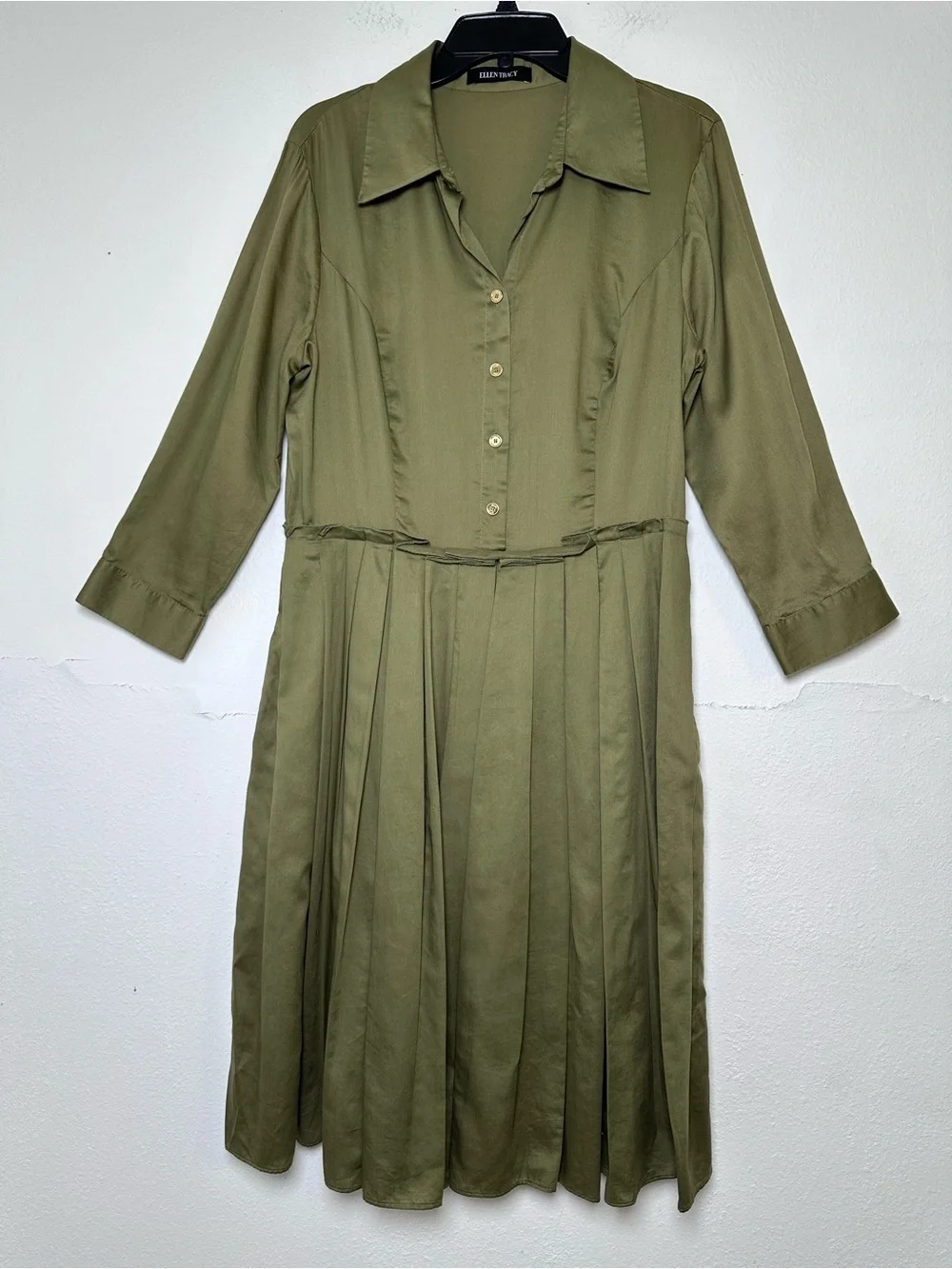 Ellen Tracy 100% Cotton Green Olive  Dress with Pleated Midi Skirt Gold Button